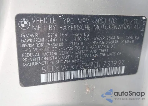 2011 BMW X3 xDrive35I из США, поврежденный, VIN 5UXWX7C57BL731997